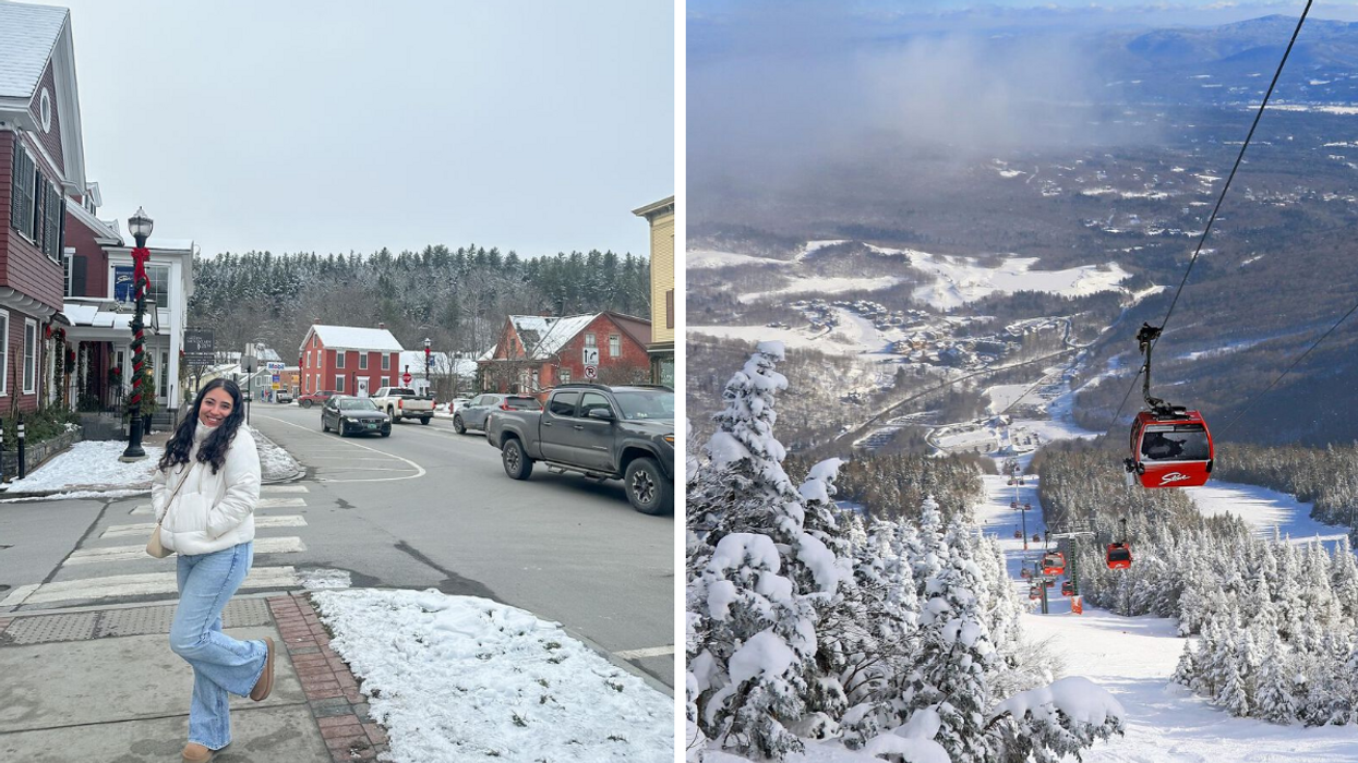 Une personne dans le village de Stowe au Vermont. Droite : Le télésiège de Stowe dans le Vermont.