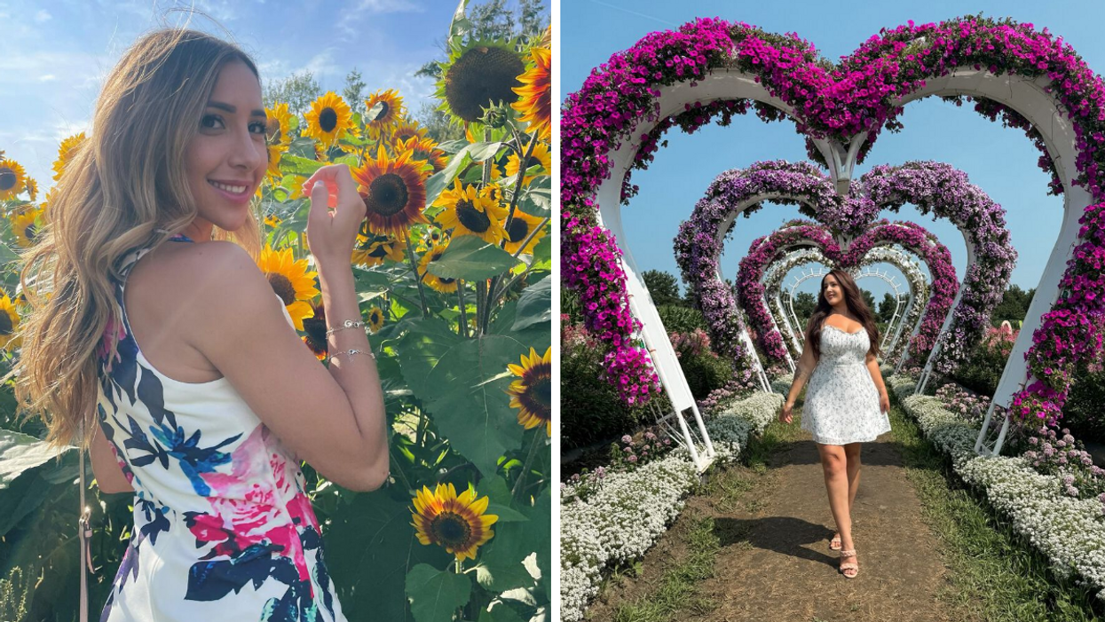Une personne dans un champ de tournesol. Droite : Une personne sous une arche de fleurs en forme de coeur.