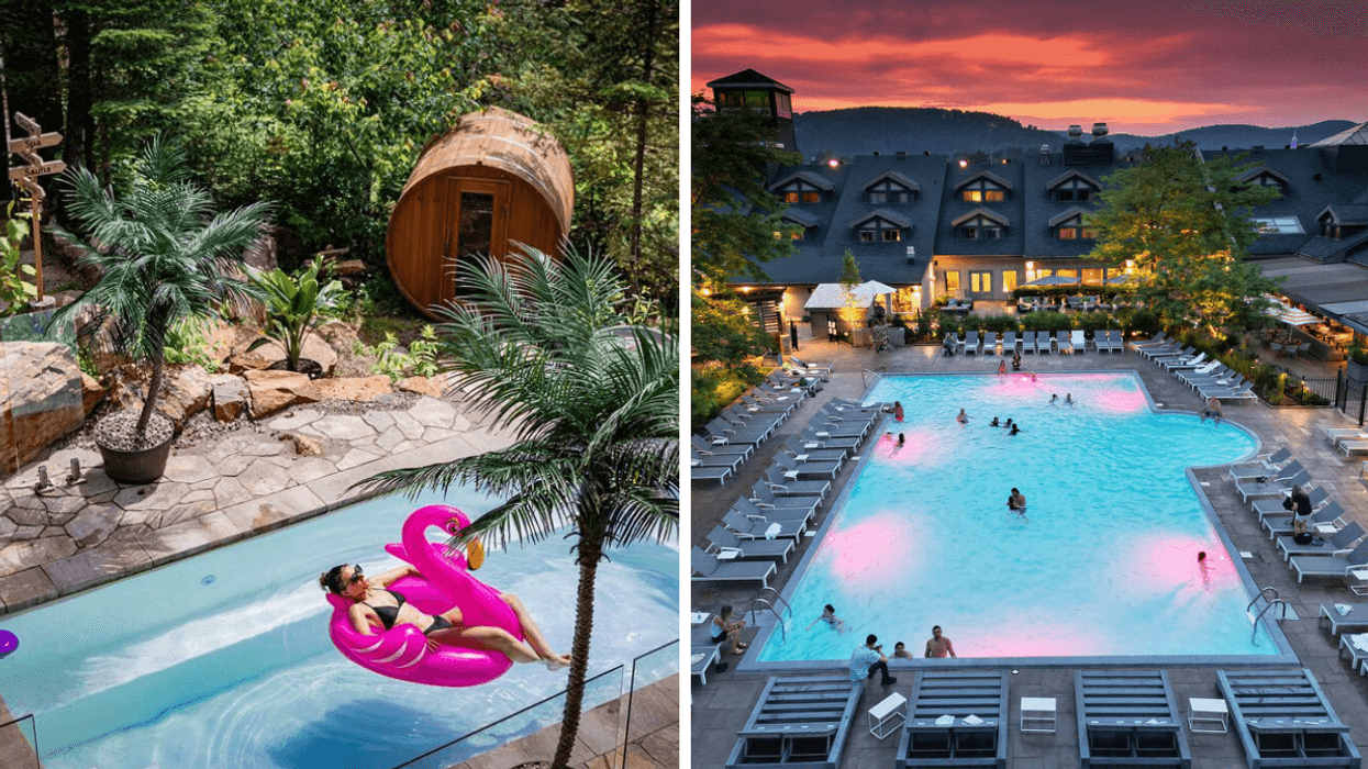 Une personne dans un flamant rose gonflable. Droite : La piscine du Manoir Saint-Sauveur.