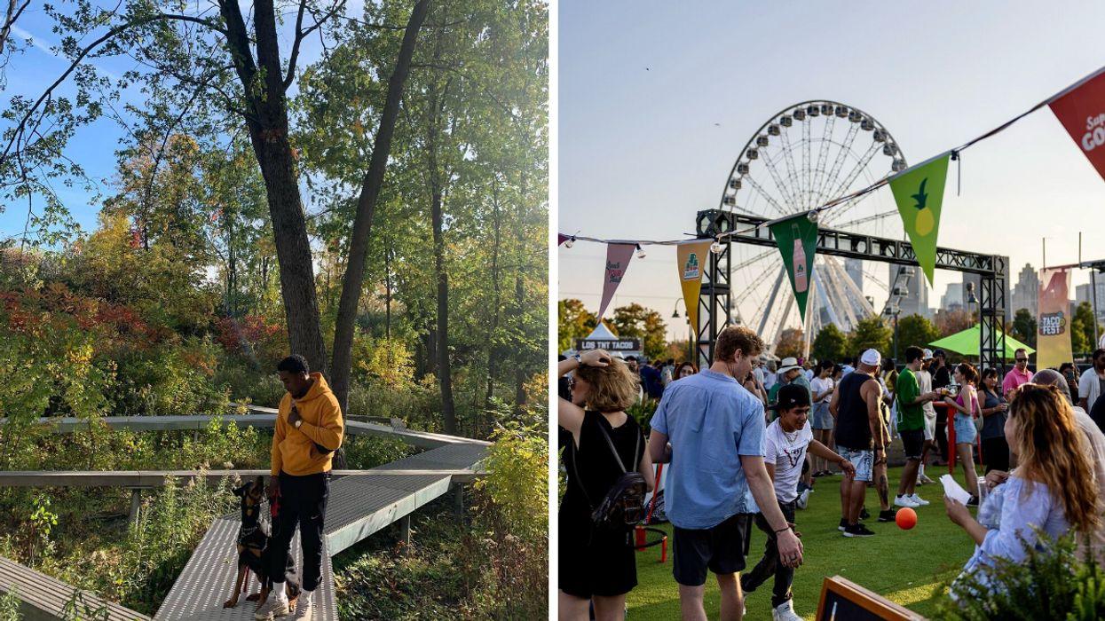Une personne dans un parc-nature de Montréal. Droite : Le Taco Fest de Montréal.