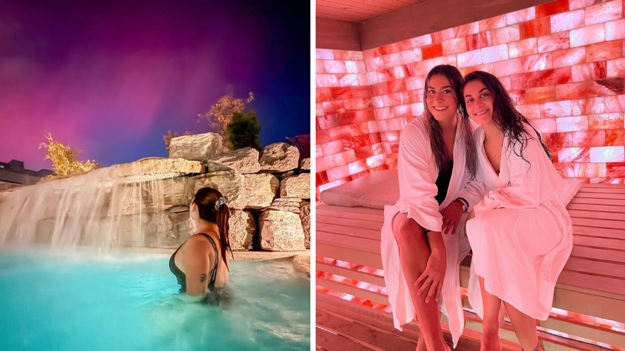 Une personne dans un spa sous des aurores boréales. À droite : deux personnes dans une salle de repos au sel d’Himalaya.