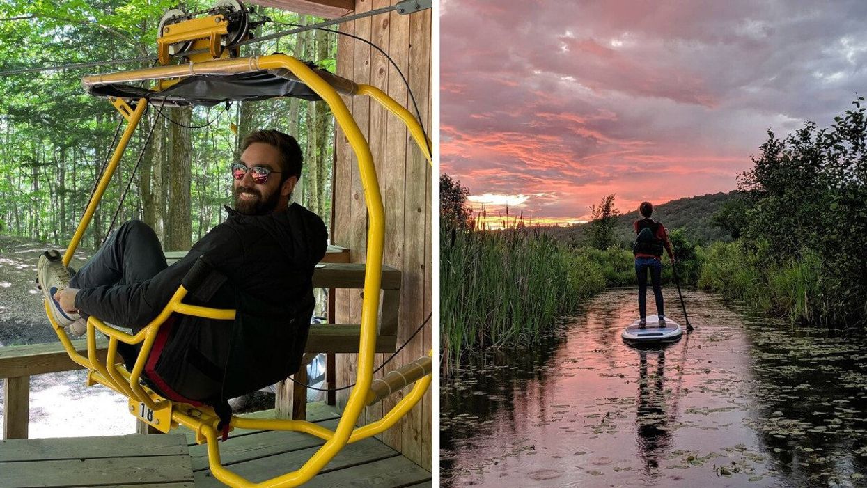 Une personne dans un VéloVolant jaune devant la forêt. Droite : Une personne faisant de la planche à pagaie dans un marais au coucher du soleil.
