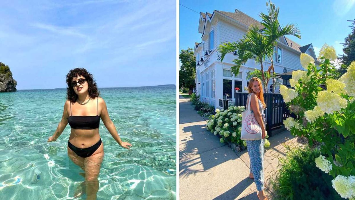 Une personne dans une eau cristalline. Droite : Une personne devant une jolie maison.