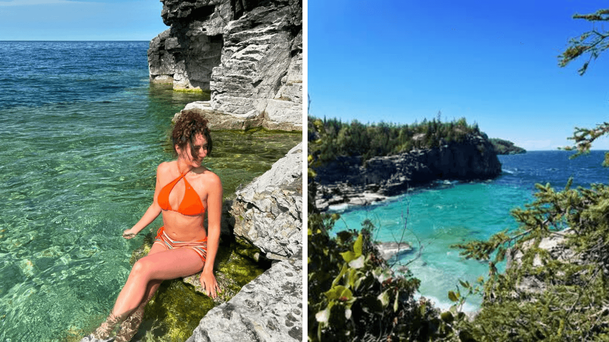 Une personne dans une eau turquoise en Ontario. Droite : Indian Head Cove.