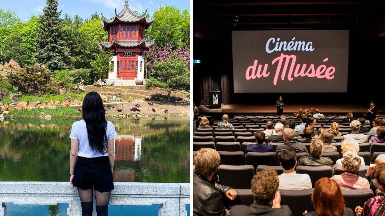 Une personne de dos regarde un bâtiment asiatique. Droite: des personnes dans une salle du Cinéma du Musée.