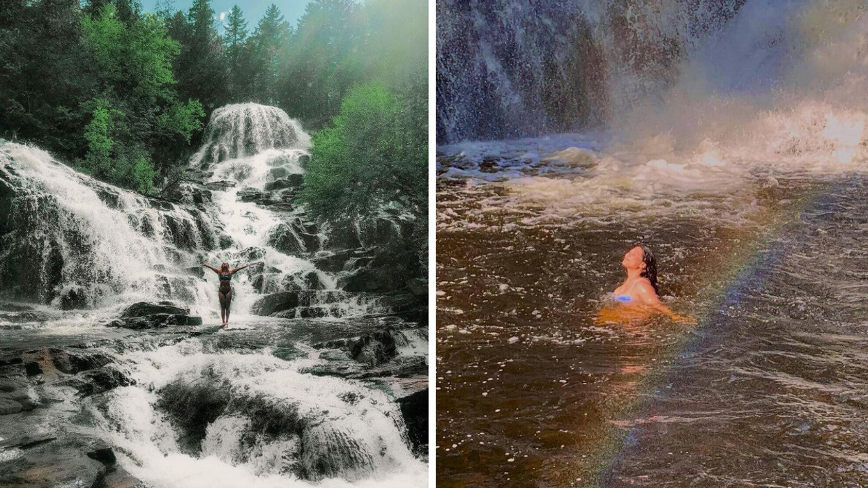 Une personne debout dans les chutes Weber. Droite : Une personne qui se baigne au pied de la chute Archambault.