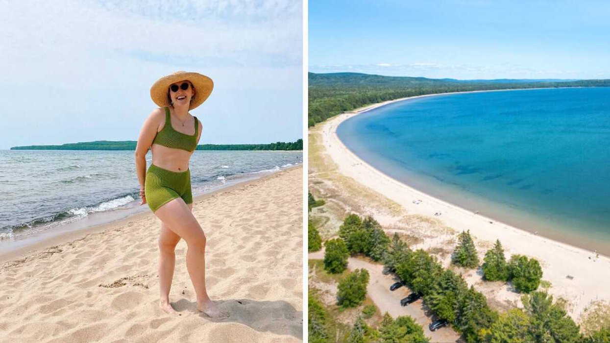 Une personne debout sur la plage du Parc provincial Pancake Bay. Droite : une vue aérienne de la plage du Parc provincial Pancake Bay.