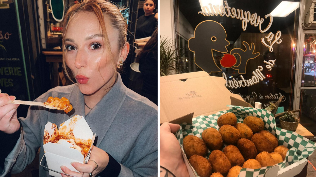 Une personne dégustant des gnocchis. Droite : Une boite de croquetas.