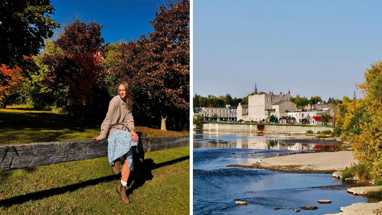 Une personne devant des arbres colorés en automne. Droite : La ville de St. Marys en automne.
