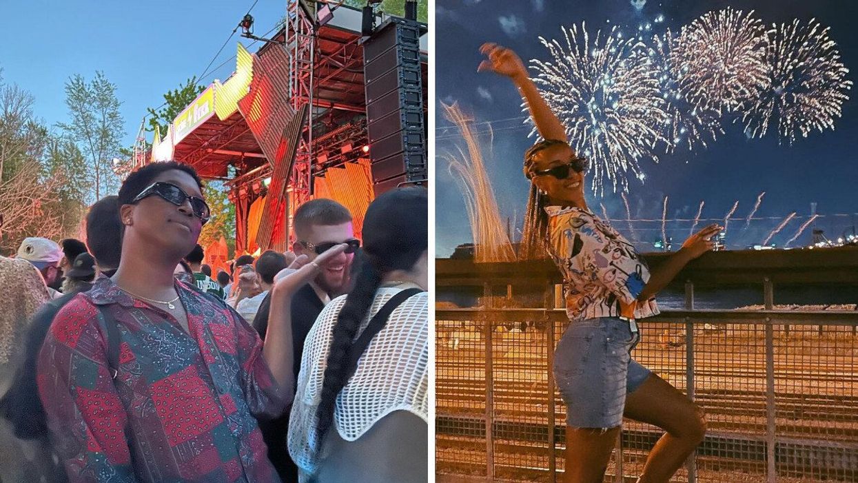 Une personne devant la scène fizz du Piknic Électronik. Droite : Une personne devant des feux d'artifice.