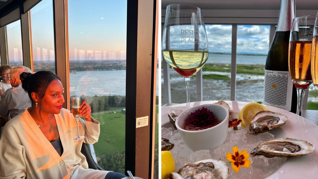 Une personne devant la vue de Québec. Droite : Un plat d'huitre devant le fleuve Saint-Laurent.