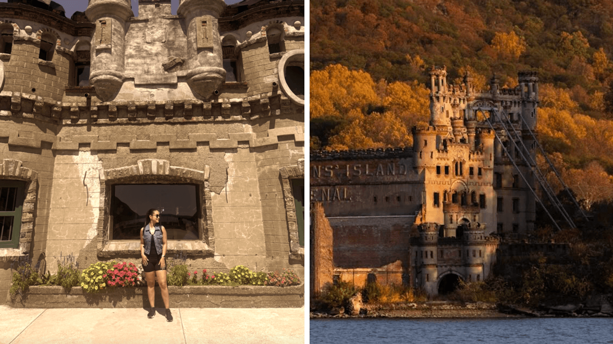Une personne devant le Bannerman Castle. Droite : Le Bannerman Castle en automne.