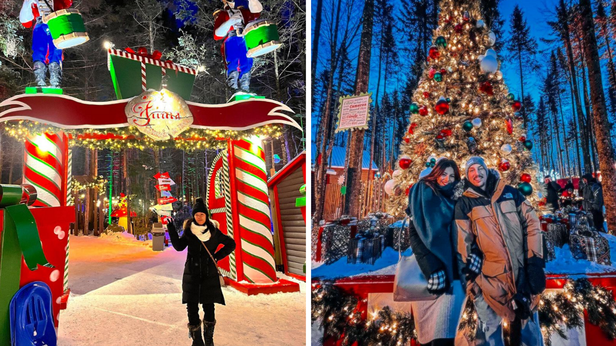 Une personne devant le parc Frima de Woodooliparc. Droite : Un duo devant un sapin de Noël au parc Frima de Woodooliparc.