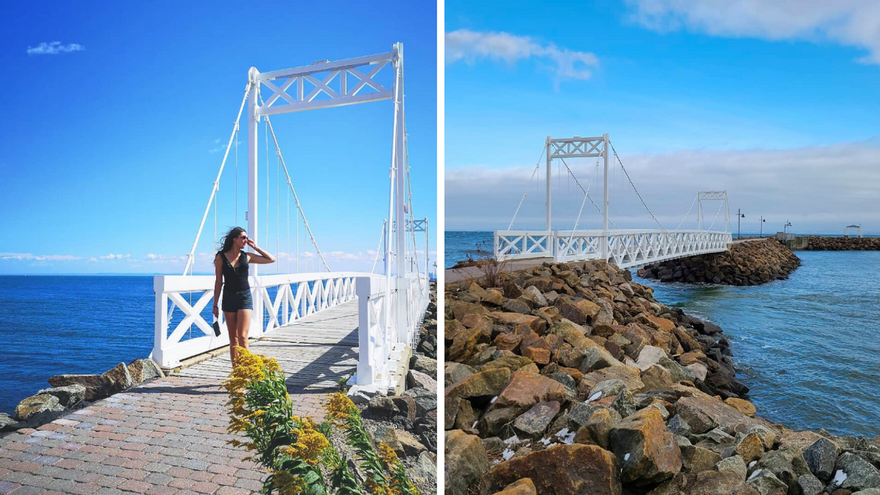 Une personne devant le pont blanc de la Jetée de Pointe-au-Pic. Droite : Le pont de la Jetée de Pointe-au-Pic.