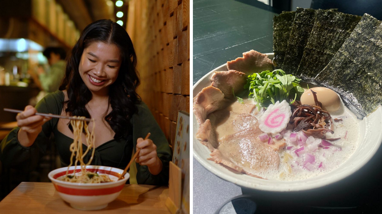 Une personne devant un bol de ramen. Droite : Un bol de ramen.