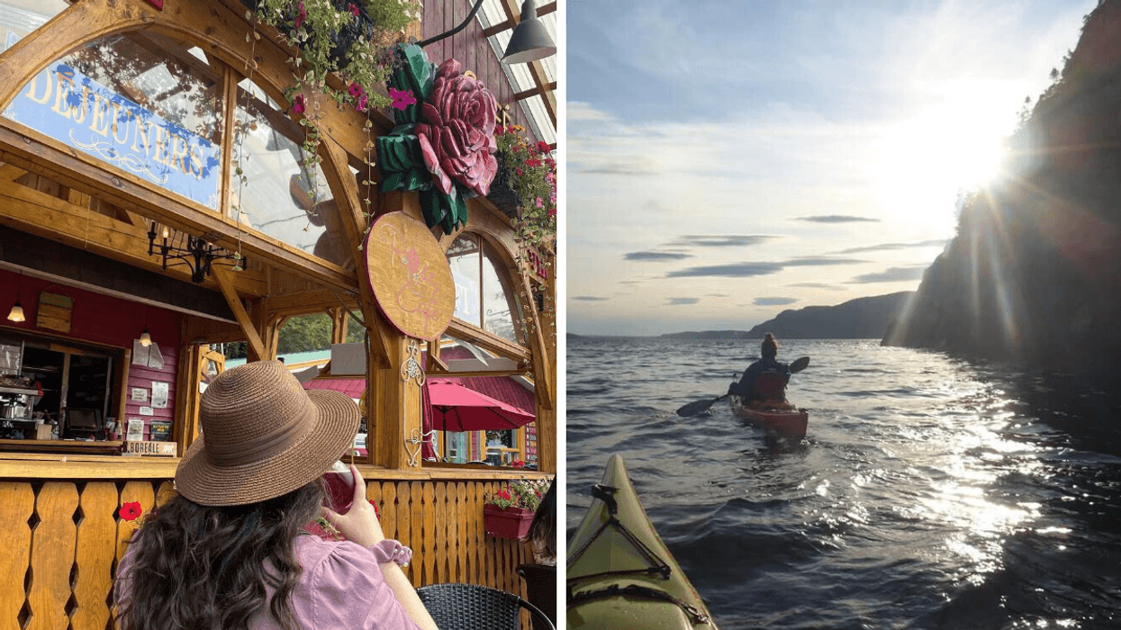 Une personne devant un café. Droite : Une personne qui fait du kayak.