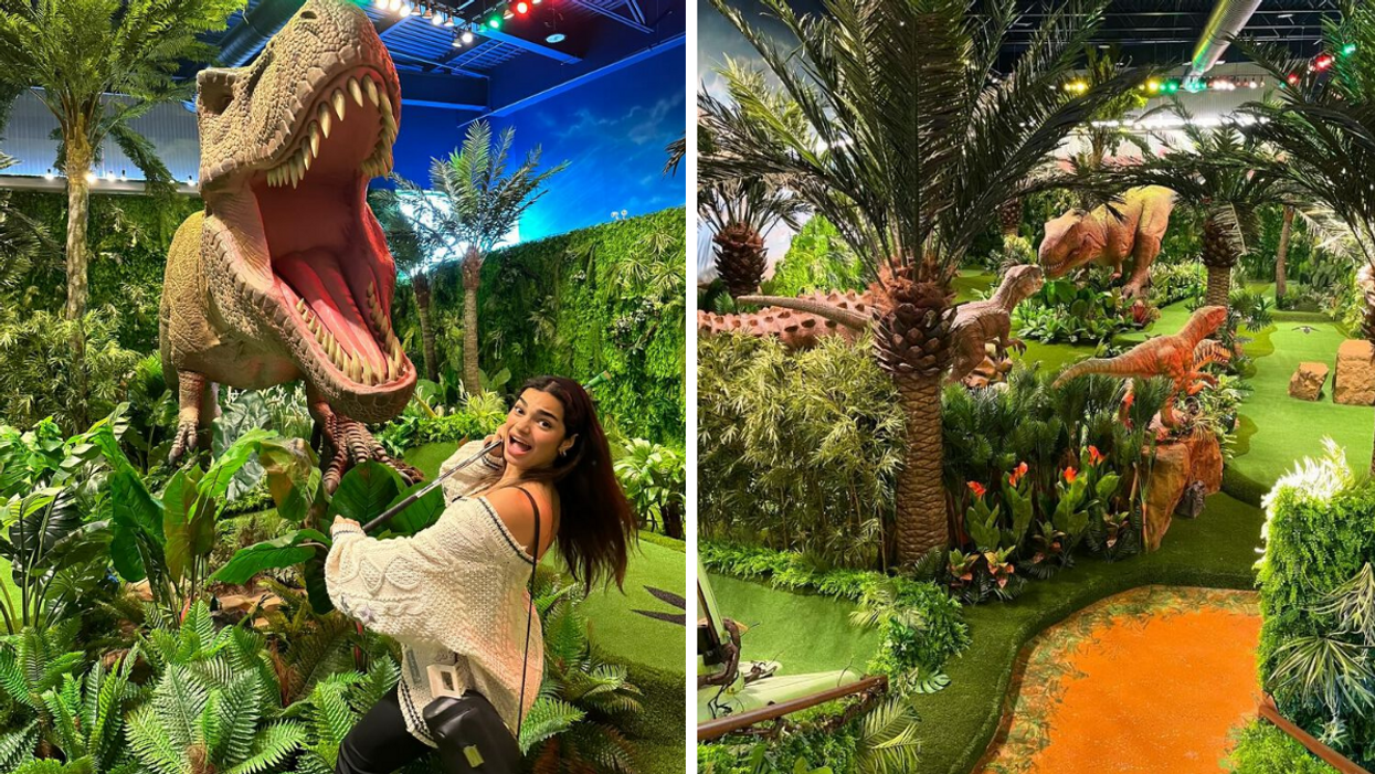 Une personne devant un dinosaure animatronique. Droite : Un parcours de mini-golf à l'allure de jungle avec des dinosaures.