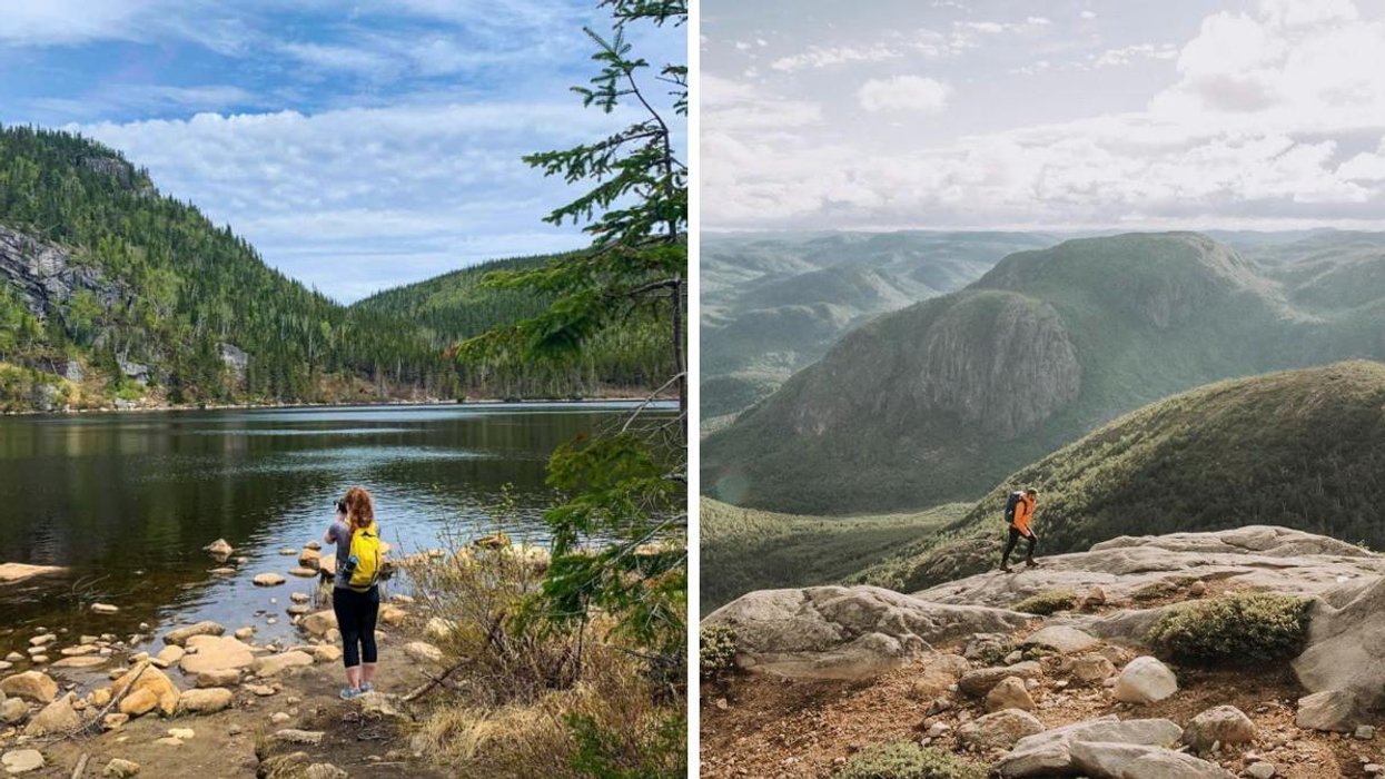 Une personne devant un lac en montagne. Droite : une personne sur un rocher du Mont-du-Lac-des-Cygne à Charlevoix.
