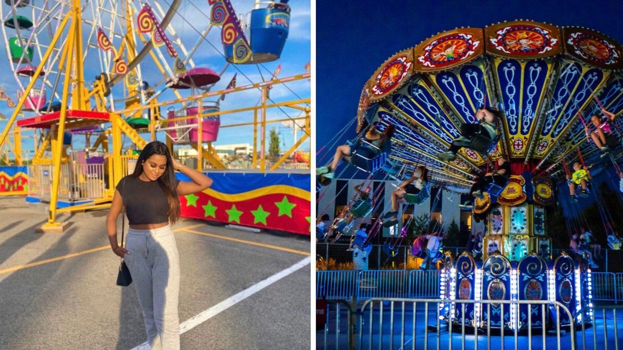Une personne devant un manège du Fun Show Amusement. Droite : Manège du Fun Show Amusement.