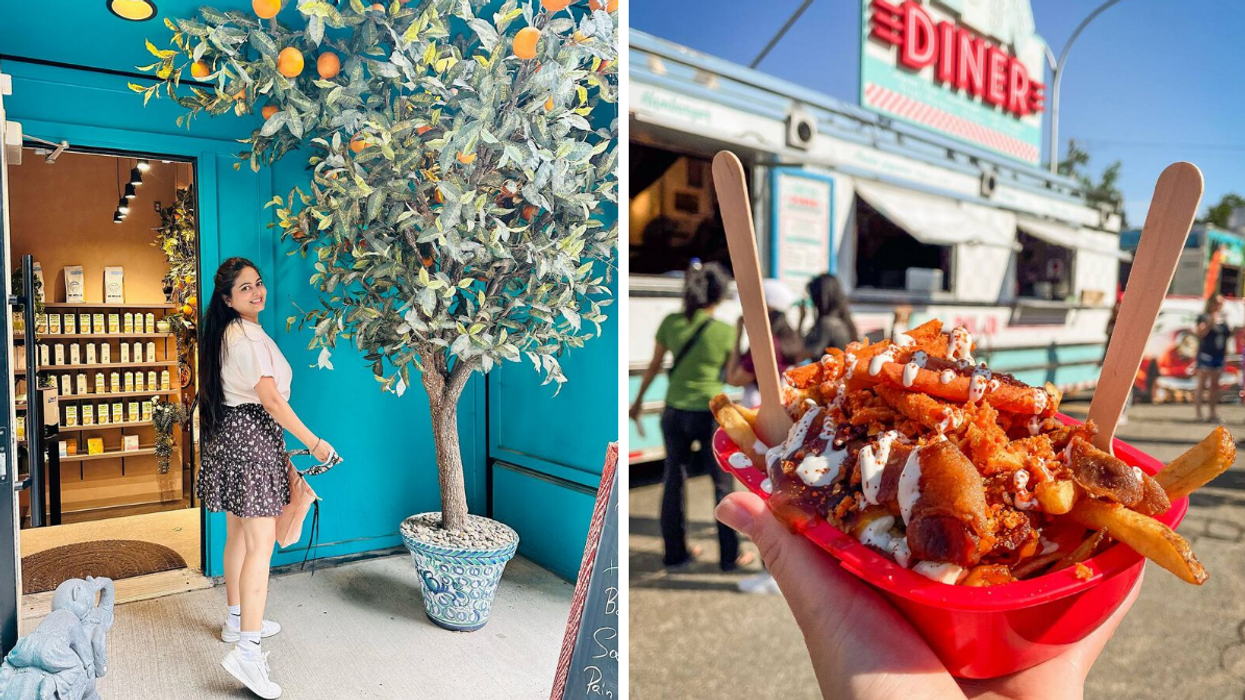 Une personne devant un oranger du SoLit Café. Droite : Une poutine du Grand PoutineFest.