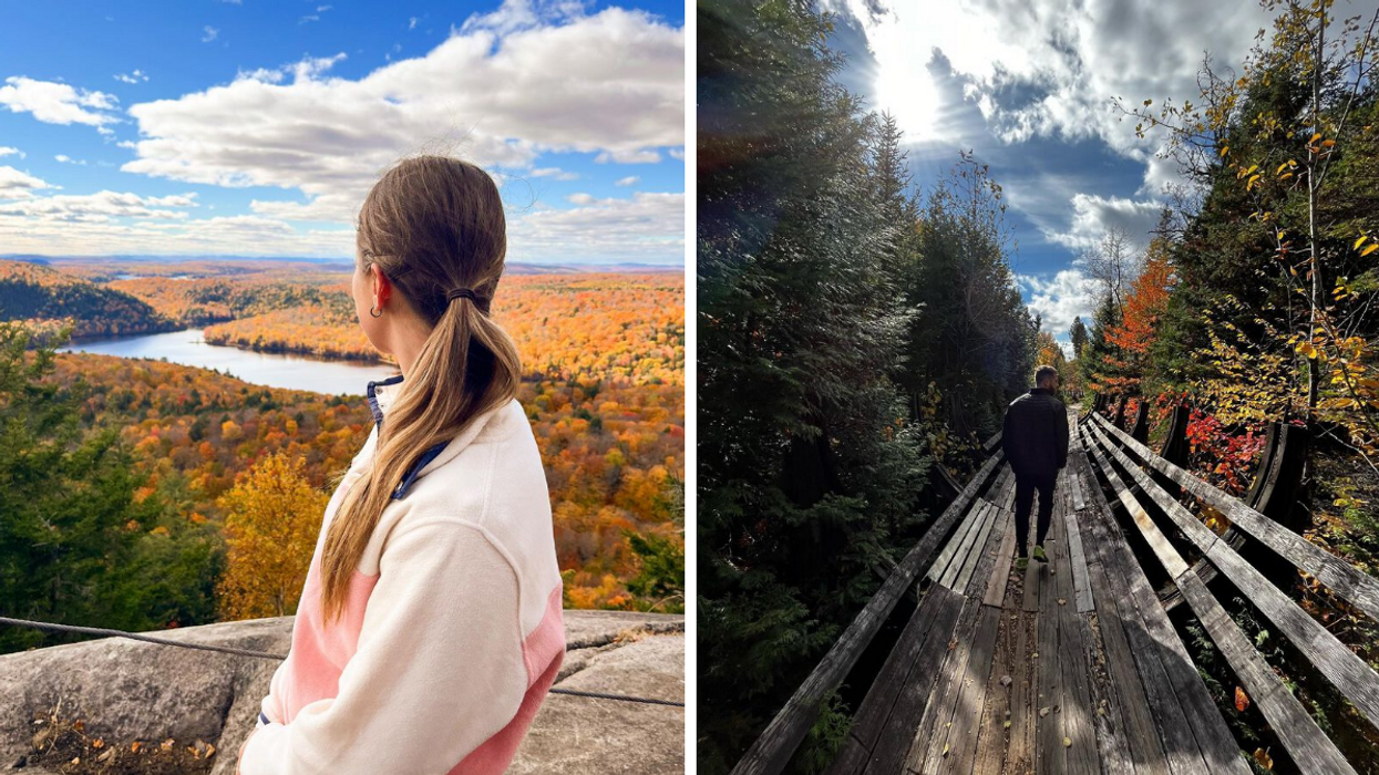 Une personne devant un paysage en automne. Droite : Une personne qui marche sur des ruines.