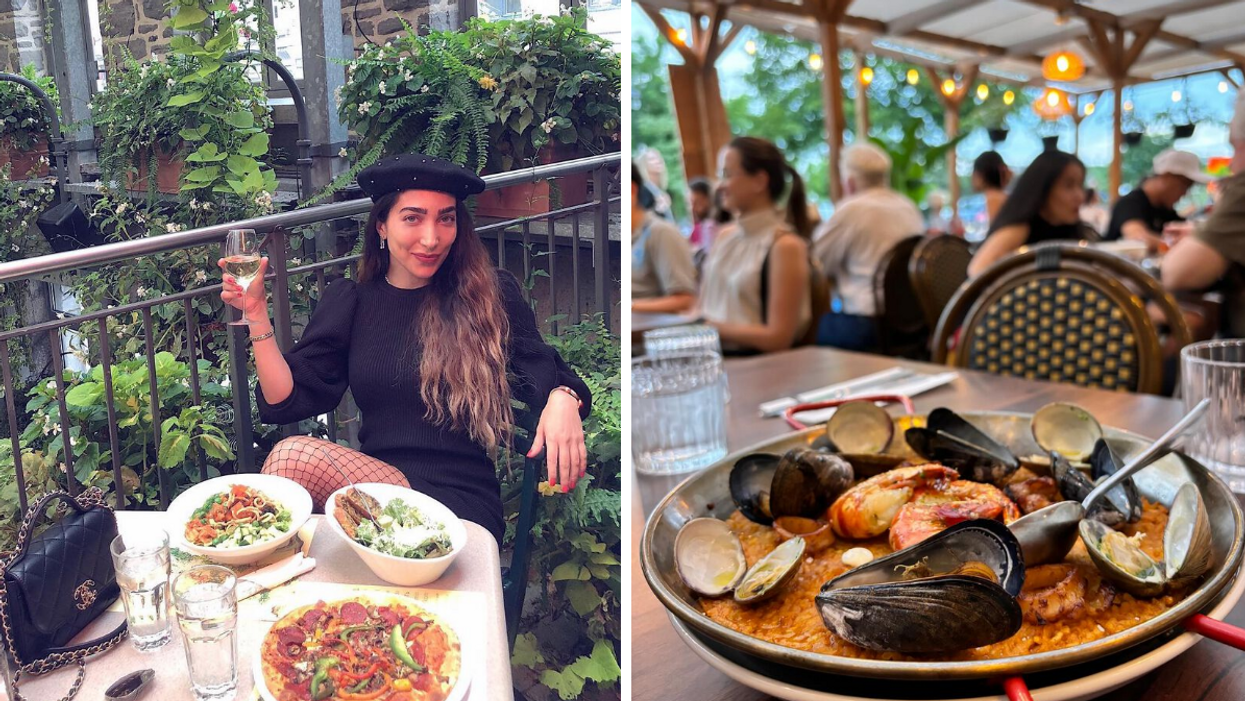 Une personne devant un repas au Jardin Nelson. Droite : Un plat de paëlla sur une terrasse.