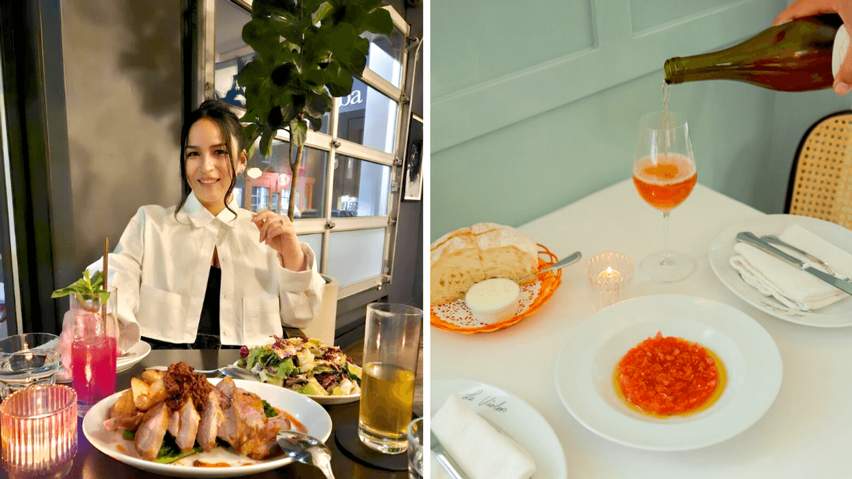 Une personne devant un repas du Beba. Droite : Des plat du restaurant Le Violon.