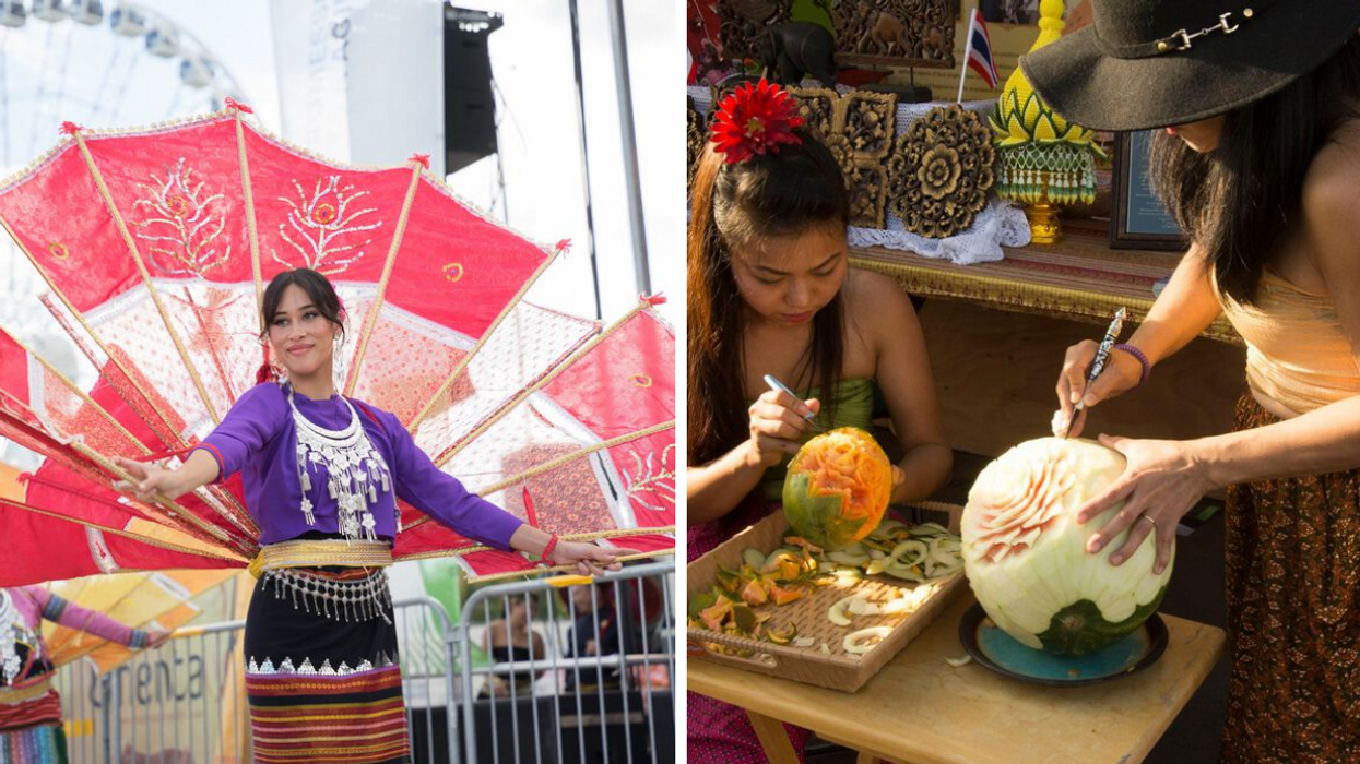Une personne en habit traditionnel. Droite : Des personnes qui sculptent des fruits.