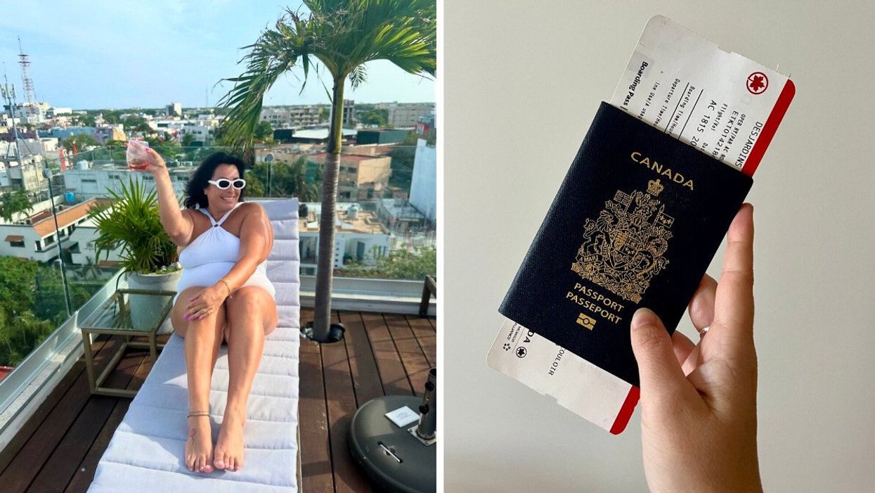 Une personne en maillot de bain blanc est étendue sur une chaise longue blanche à côté d'un petit palmier. Droite : une main tient un passeport avec un billet d'avion qui dépasse.