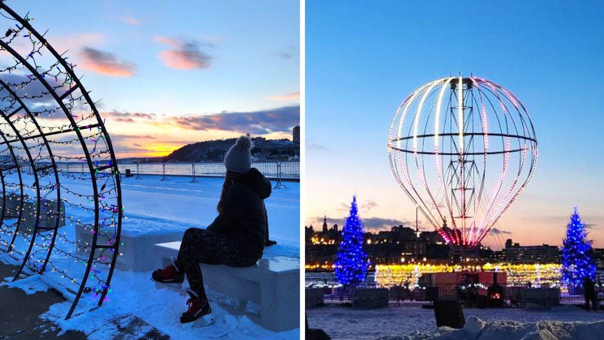 Une personne en patin près du tunnel illuminé du sentier glacé au Quai Paquet, durant le crépuscule. Droite : La montgolfière illuminée du Quai Paquet.