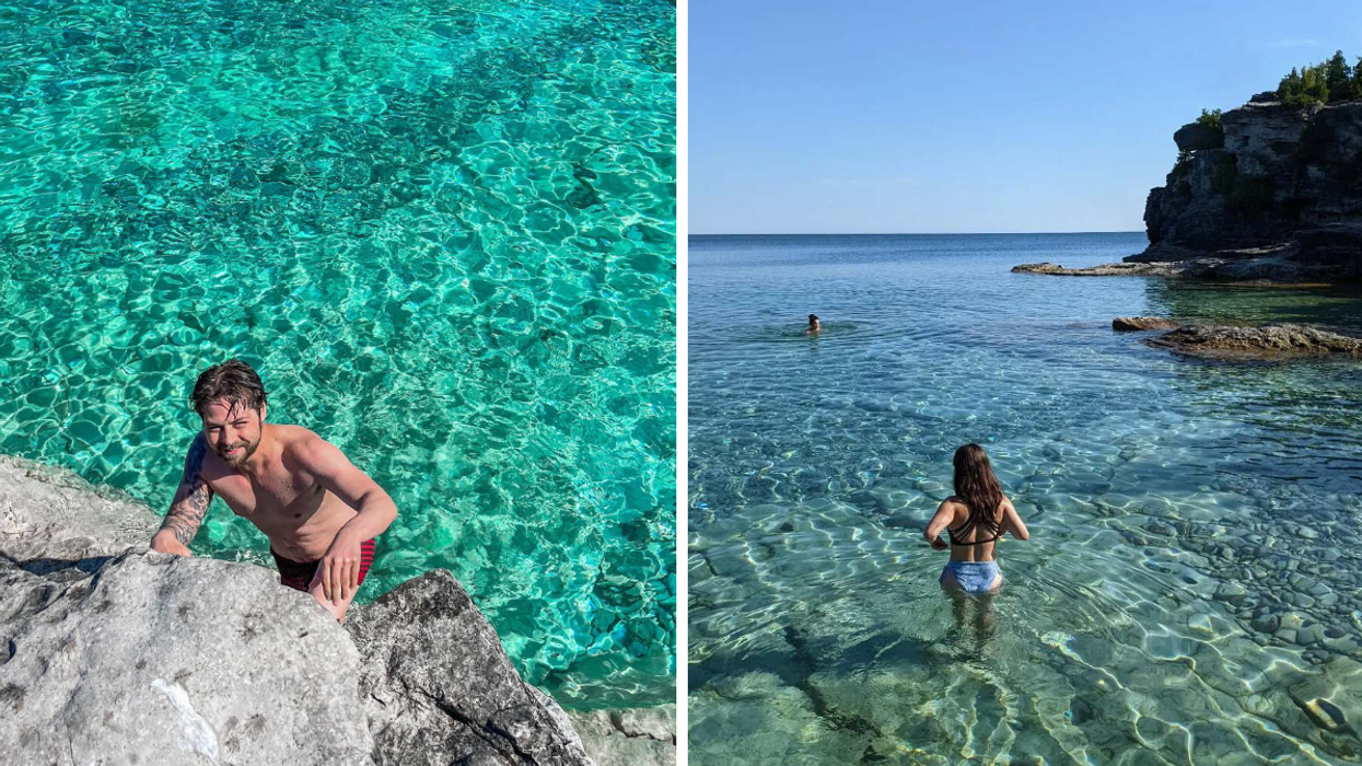 Une personne escaladant des rochers près d’une plage d'eau limpide. Droite : Une personne qui se baigne dans l'eau turquoise.