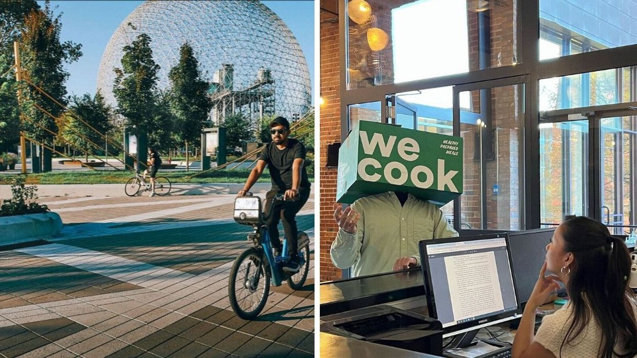 Une personne est à vélo sur le terrain du Parc Jean-Drapeau à Montréal. Droite : Une personne a mis une boite de l'entreprise wecook sur sa tête et une autre personne la regarde depuis son bureau.