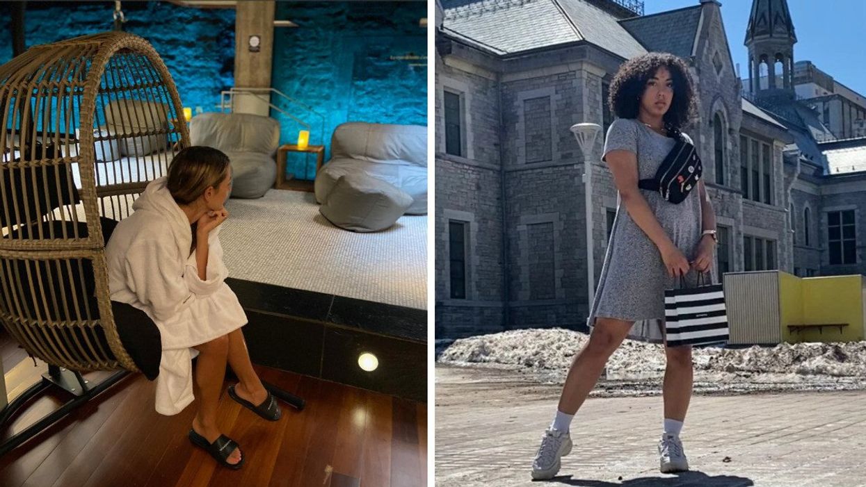 Une personne est assise dans une chaise suspendue dans un centre de détente. Droite : une personne est debout sur une place publique et tient un sac de Sephora entre ses mains.