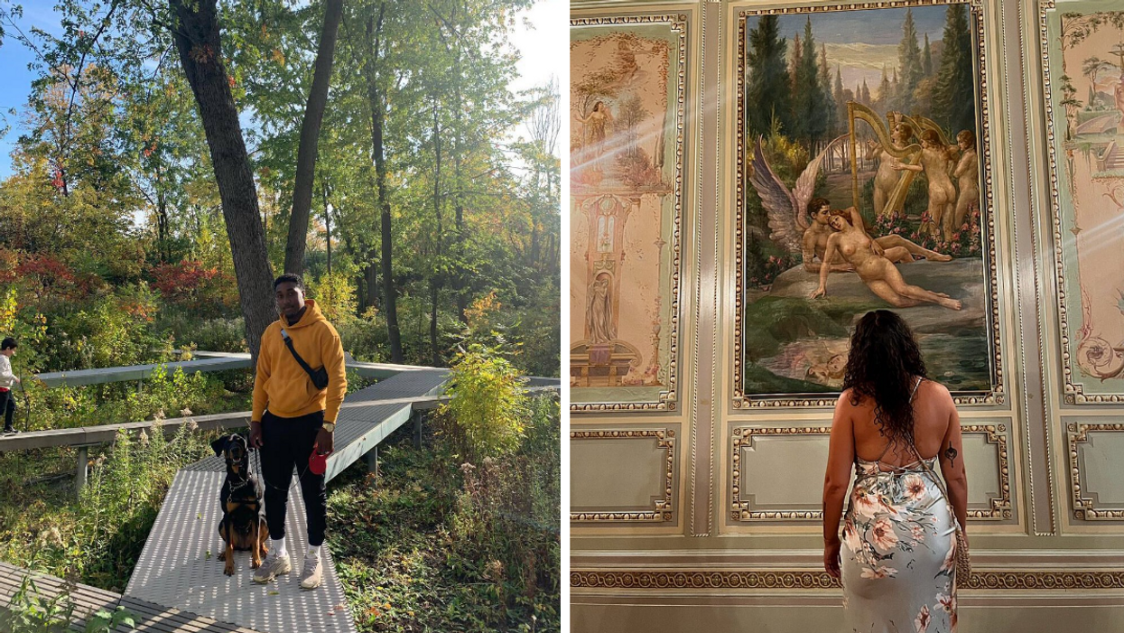 Une personne et son chien au parc-nature du Bois-de-Liesse. Droite : Une personne devant une peinture murale au Château Dufresne.