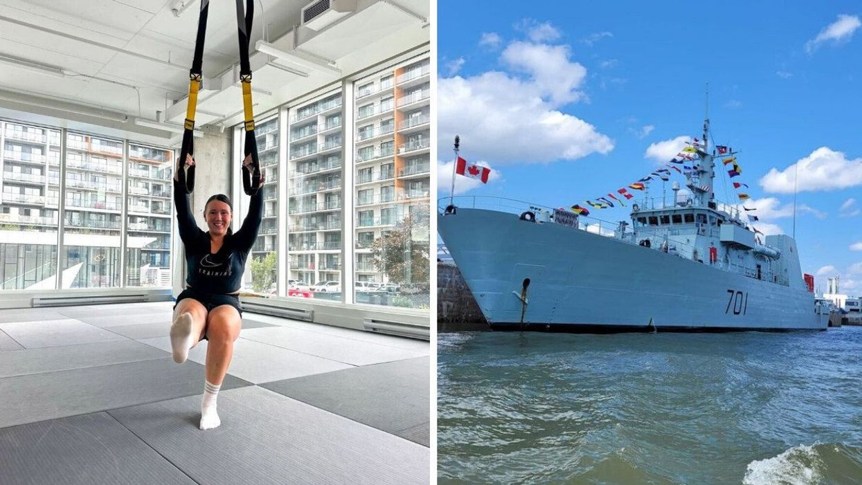 Une personne fait du TRX dans une grande salle vide et vitrée. Droite : un bateau orné de drapeau.