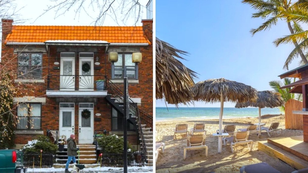 Une personne marche avec sa pelle devant un logement à Montréal. Droite : Un aperçu de la plage en République dominicaine avec des palmiers.