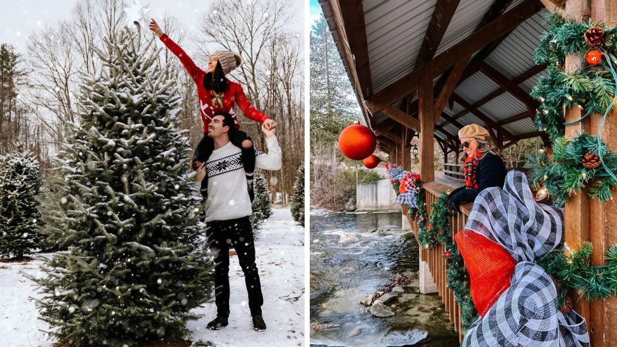 Une personne met une étoile sur un sapin. Droite : une femme dans un décor de Noël.