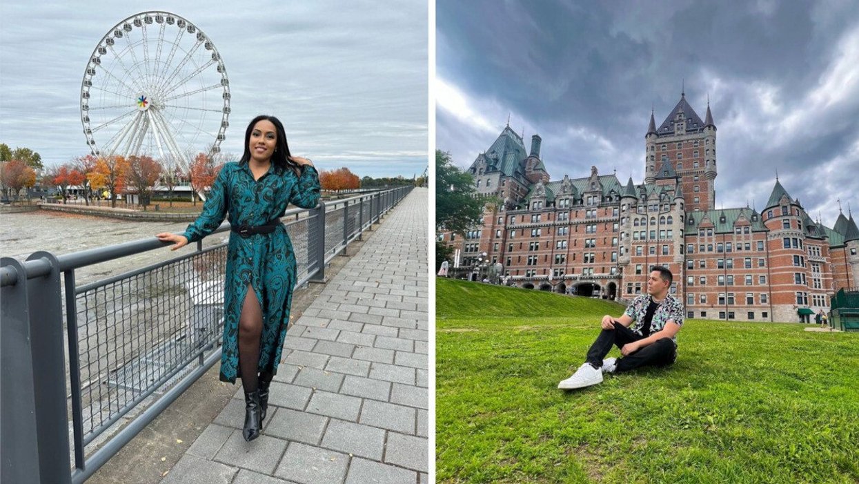 Une personne prend la pose devant la grande roue de Montréal. Droite: Une personne est assise devant le Château Frontenac.