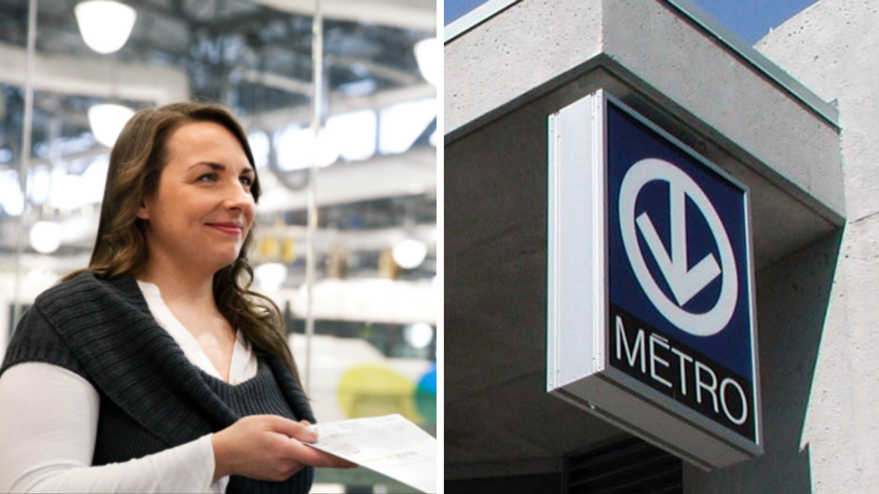 Une personne qui donne un formulaire. Droite : Le logo des métros de la STM.