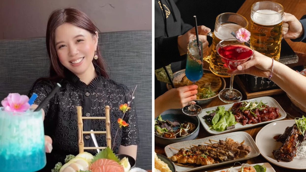 Une personne qui mange au Ukiya Izakaya à Montréal. Droite : Des tapas et des cocktail du Ukiya Izakaya à Montréal.