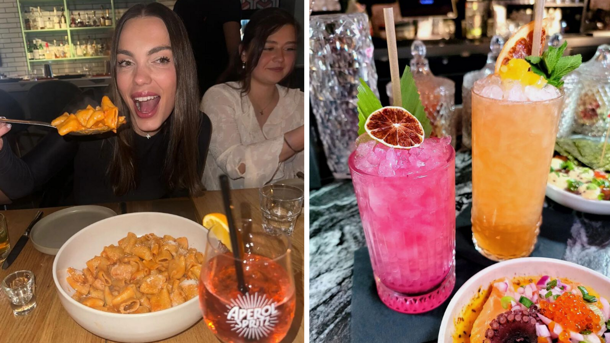 Une personne qui mange des pâtes. Droite : Des cocktails colorés.