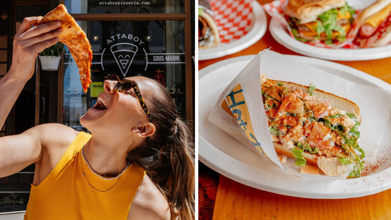 Une personne qui mange une pointe de pizza. Droite : Une guédille dans une assiette blanche et un burger à l'arrière plan.