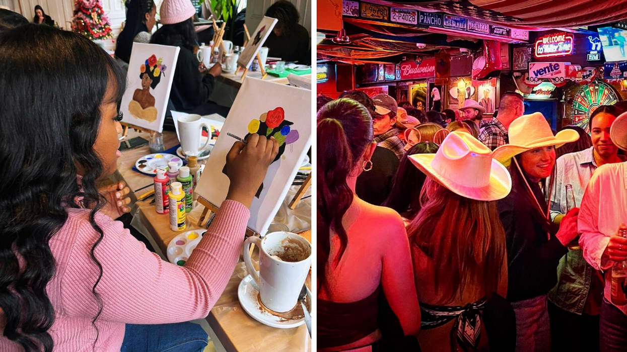 Une personne qui peint à une soirée d'activité à Montréal. Droite : Une soirée au Spaghetti Western.