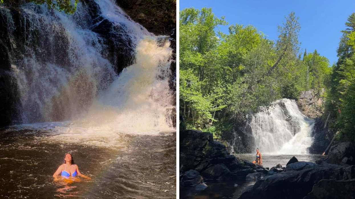 Une personne qui se baigne au pied d'une chute. Droite : Une chute près de Montréal.