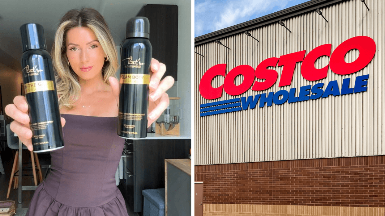 Une personne qui tient des bouteille That'so. Droite : La façade d'un Costco.
