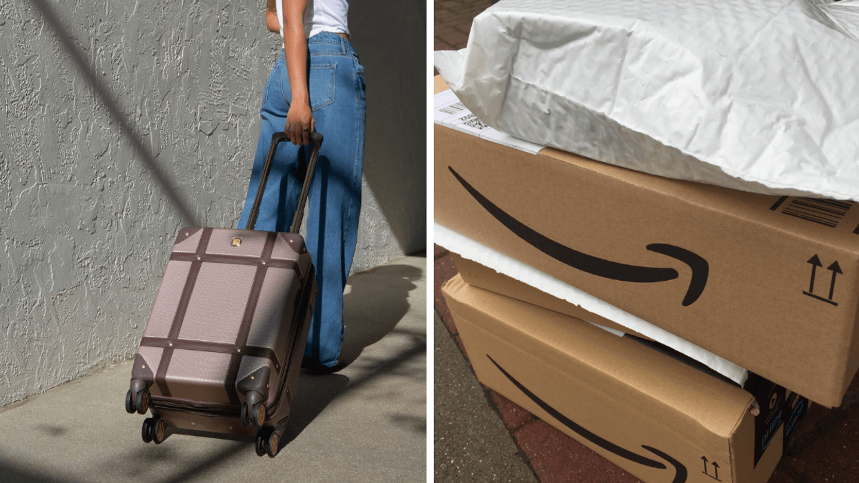 Une personne qui traine une valise. Droite : Des boîtes de livraison Amazon.