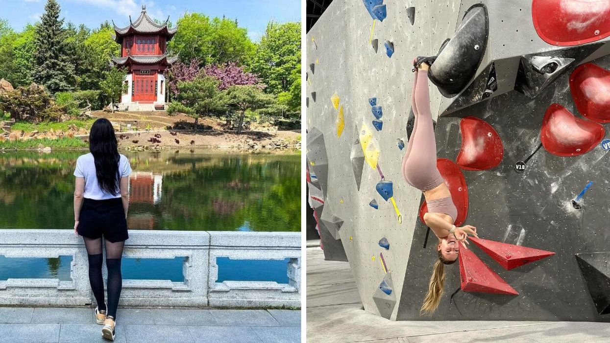 Une personne regarde une petite maison chinoise devant un lac. Droite : une personne se tient par les pieds sur un mur d'escalade.