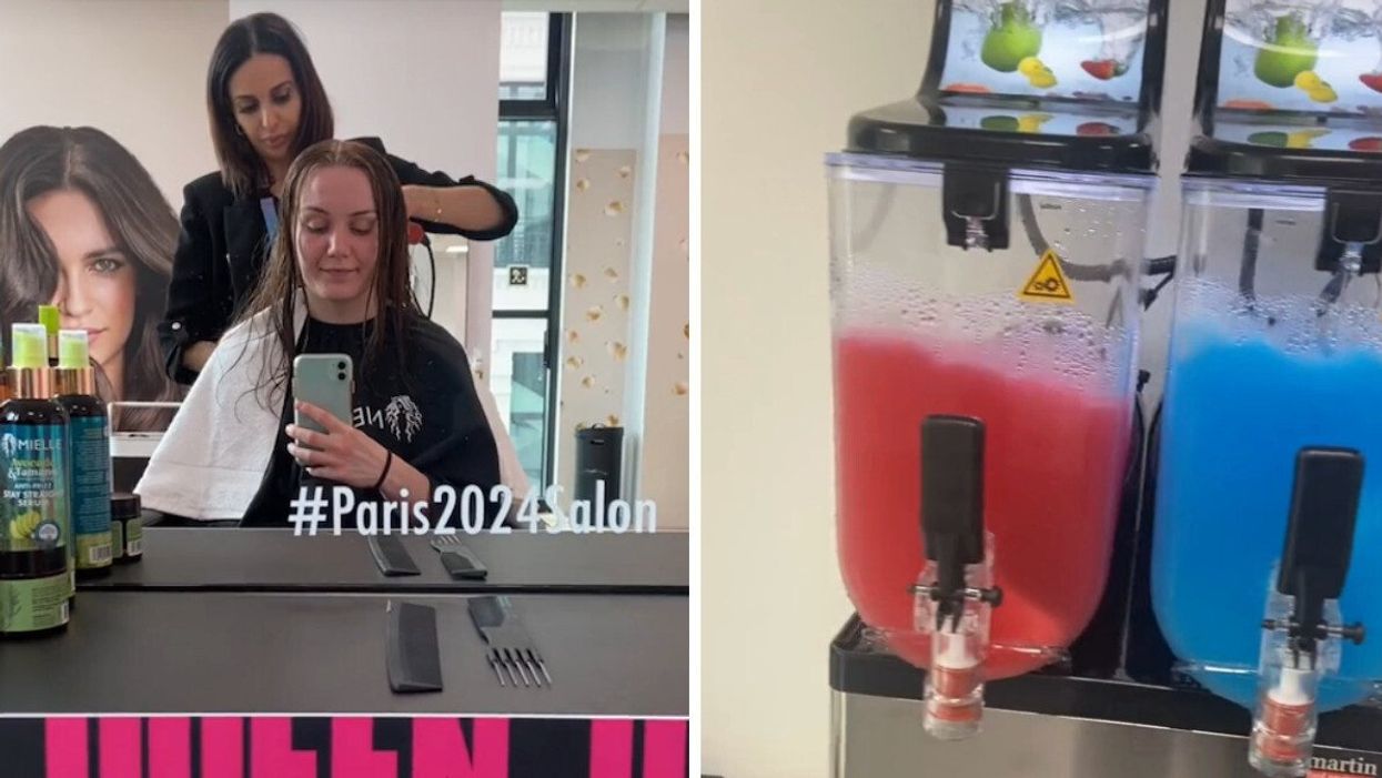 Une personne se prend en selfie pendant qu'elle se fait coiffer. Droite : une machine à slush rouge et une autre bleue côte-à-côte.