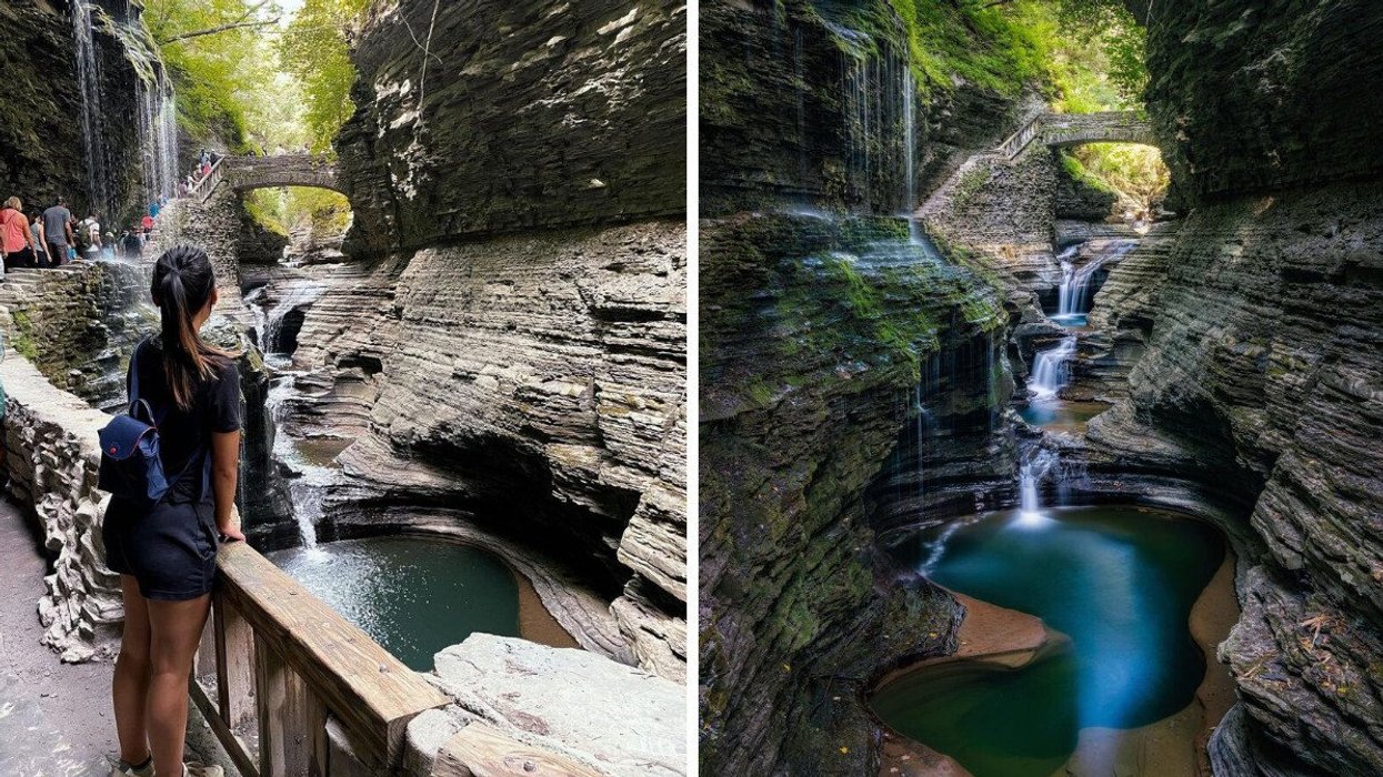 Une personne se tenant debout devant les chutes du Watkins Glen State Park. Droite : vue des chutes du Watkins Glen State Park.
