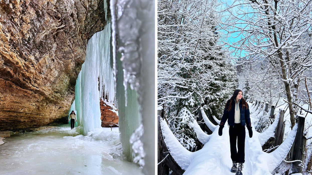 Une personne sous les falaises glacées du parc naturel régional de Portneuf. Droite : Une personne dans les ruines du parc naturel régional de Portneuf.